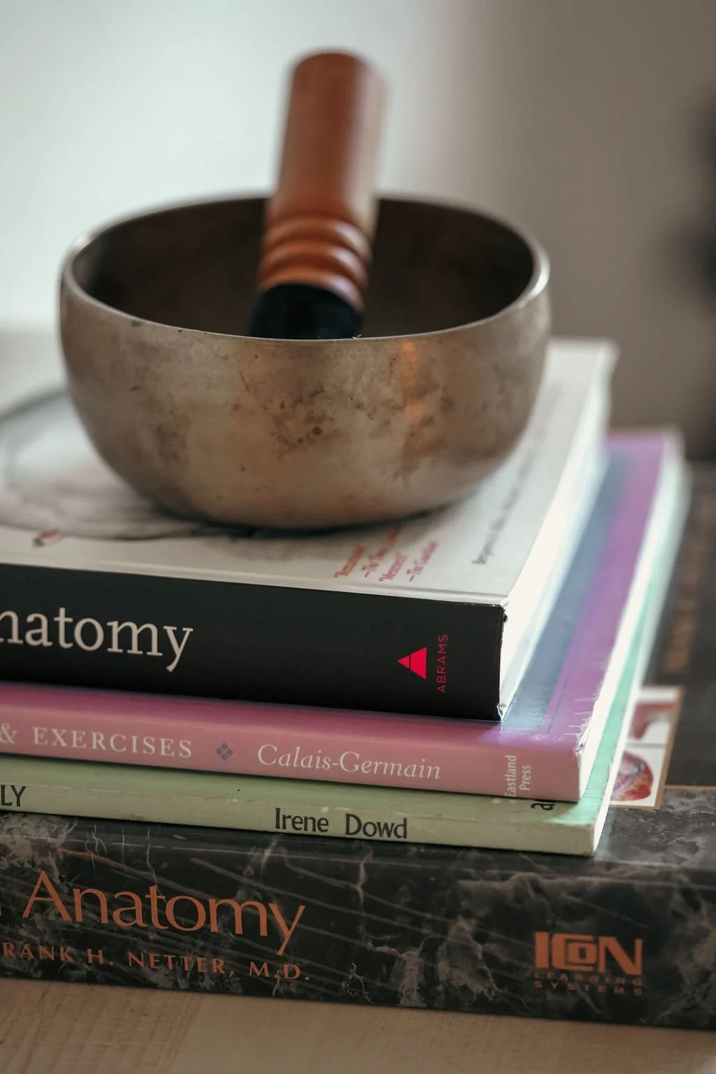 A singing bowl with a wooden striker resting on top, placed on top of three stacked books about anatomy and exercises.