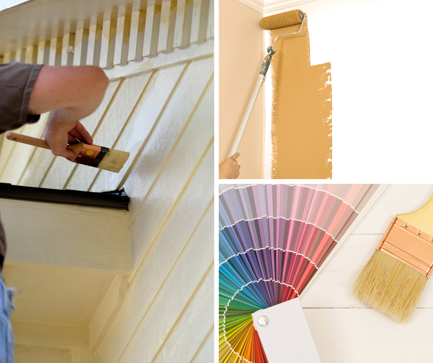 Collage of images showing painting and decorating tools. Top left: person applying light yellow paint to an exterior wall with a brush. Top right: person using a roller to paint interior wall beige. Bottom right: large fan deck of various paint colors with a paintbrush nearby.