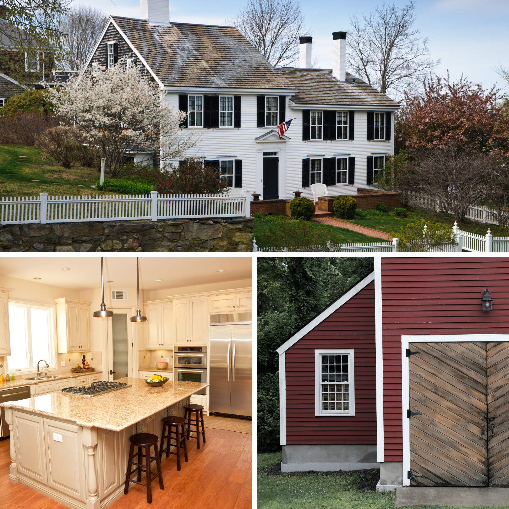 A collage of four images: An exterior view of a white, two-story house with black shutters, surrounded by trees and a white fence, and with a brick walkway to the front door; a kitchen with white cabinets, a granite island, and stainless-steel appliances, illuminated by natural light from windows; a red-sided building with a small window, white trim, and a wooden door, with trees in the background; and the interior of a kitchen with white cabinets, pendant lighting, and a stovetop with a granite counter.
