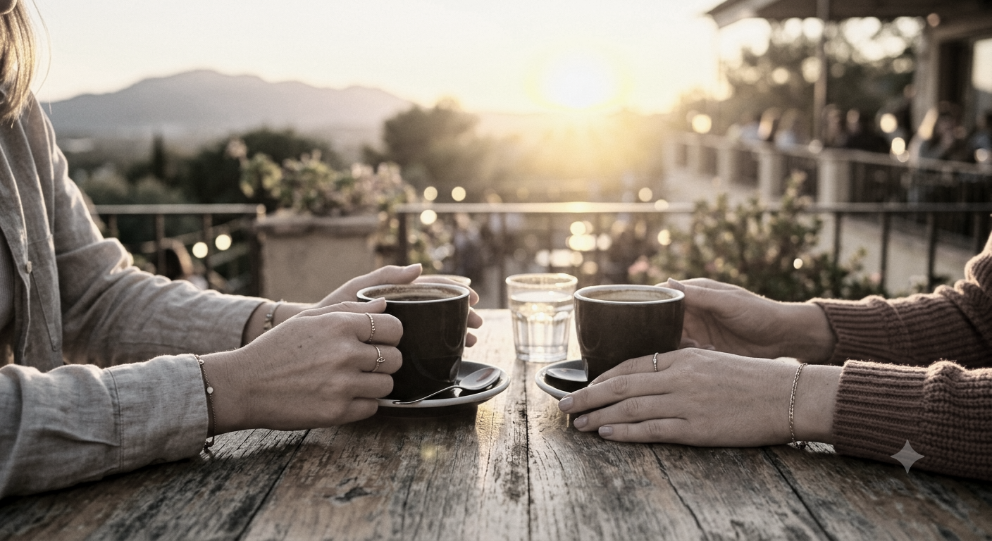Two women sitting at a wooden outdoor table, each holding a cup of coffee, during sunset, with a mountain landscape in the background.