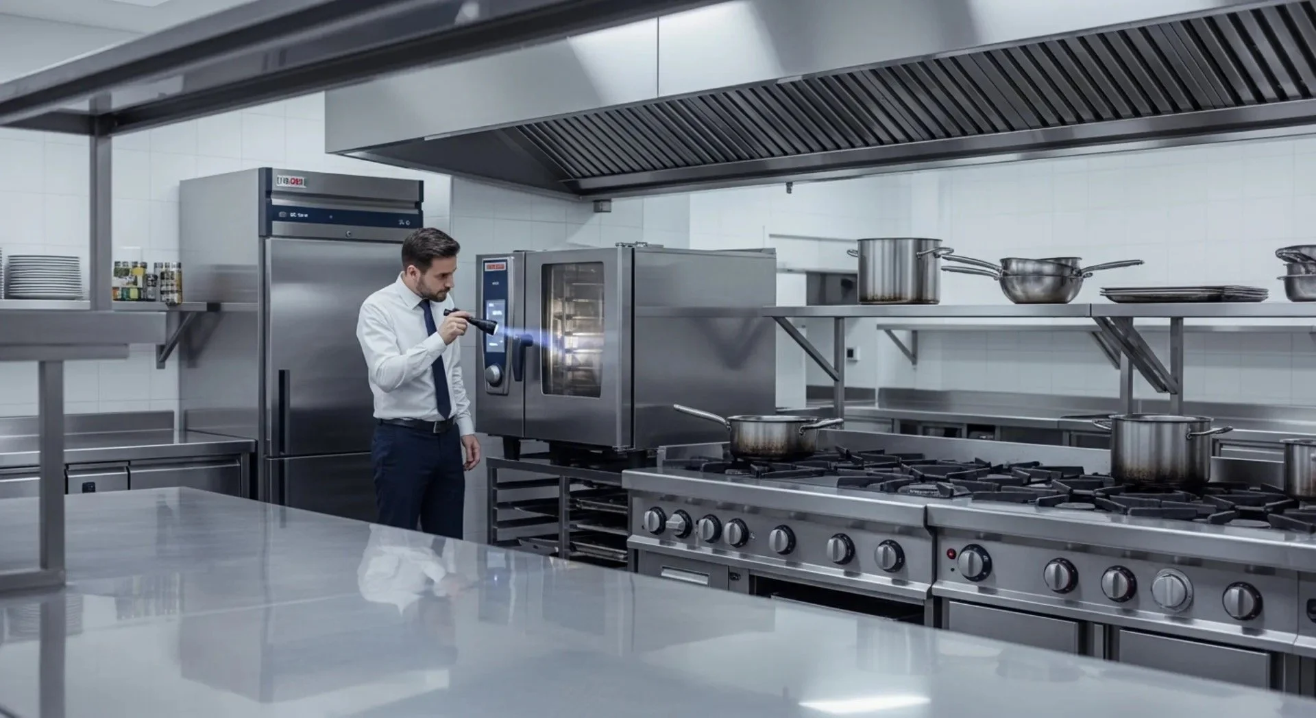 A man in a white shirt and blue tie stands in a professional kitchen, inspecting a stainless steel oven with a handheld flashlight.