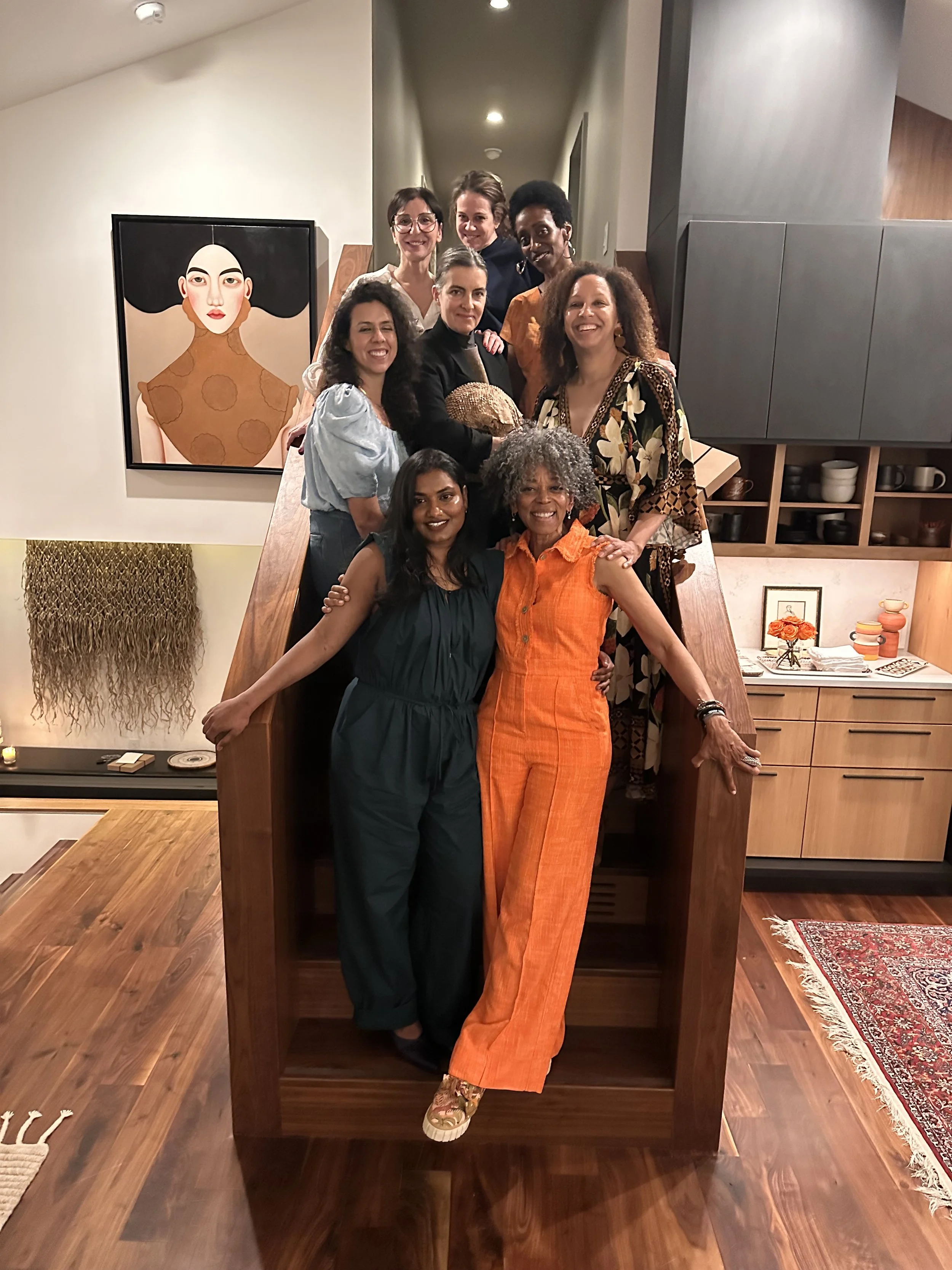 Susan posing with  at a Jeffersonian Dinner that she curated for Vert & Vogue well dressed women and the American designer Rachel Comey, at a house filled with fine art.