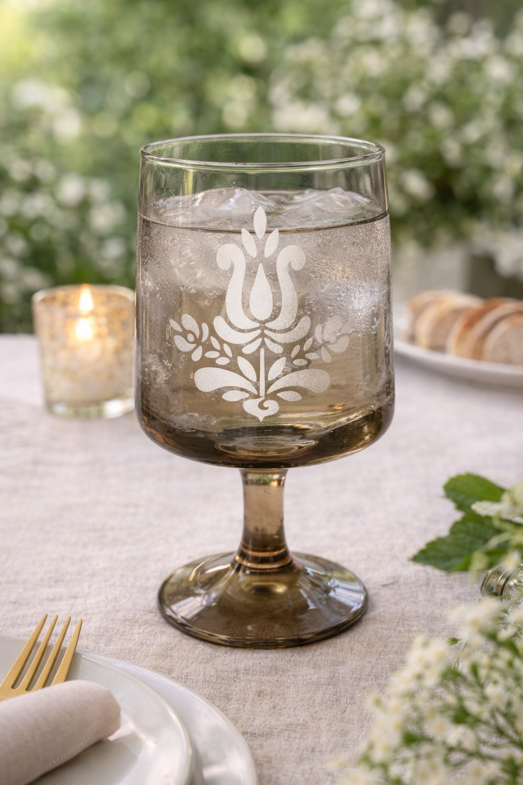 Etched Amber Goblet