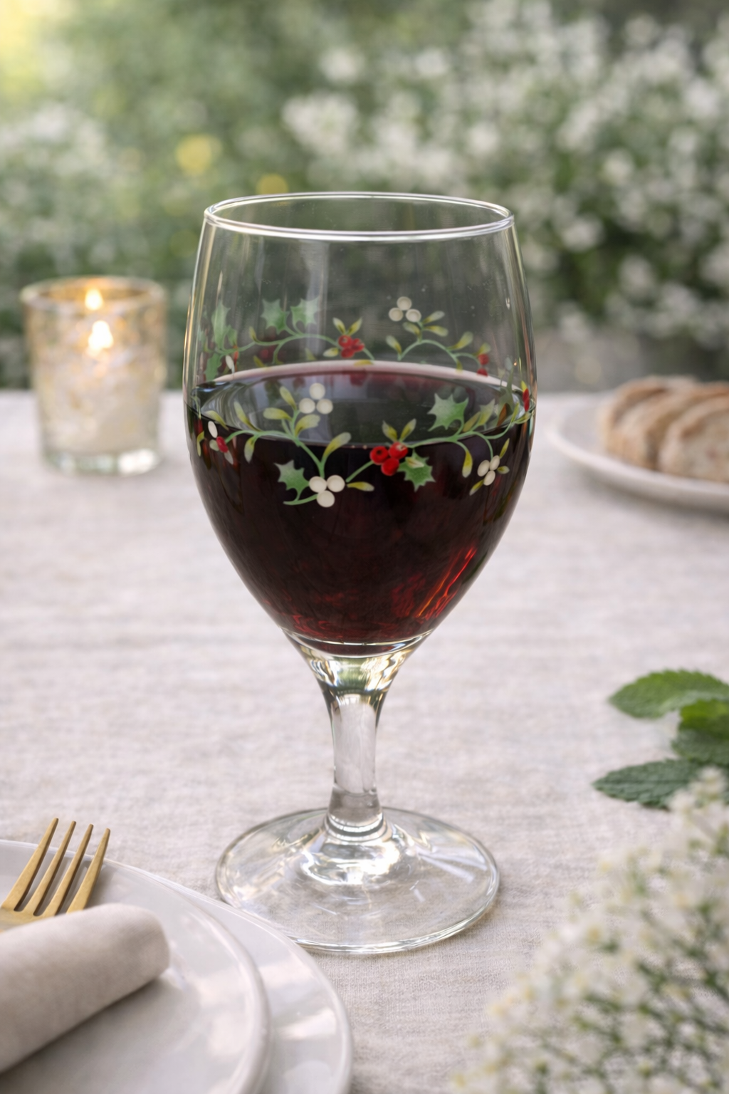 Holiday Floral Red Wine Glass