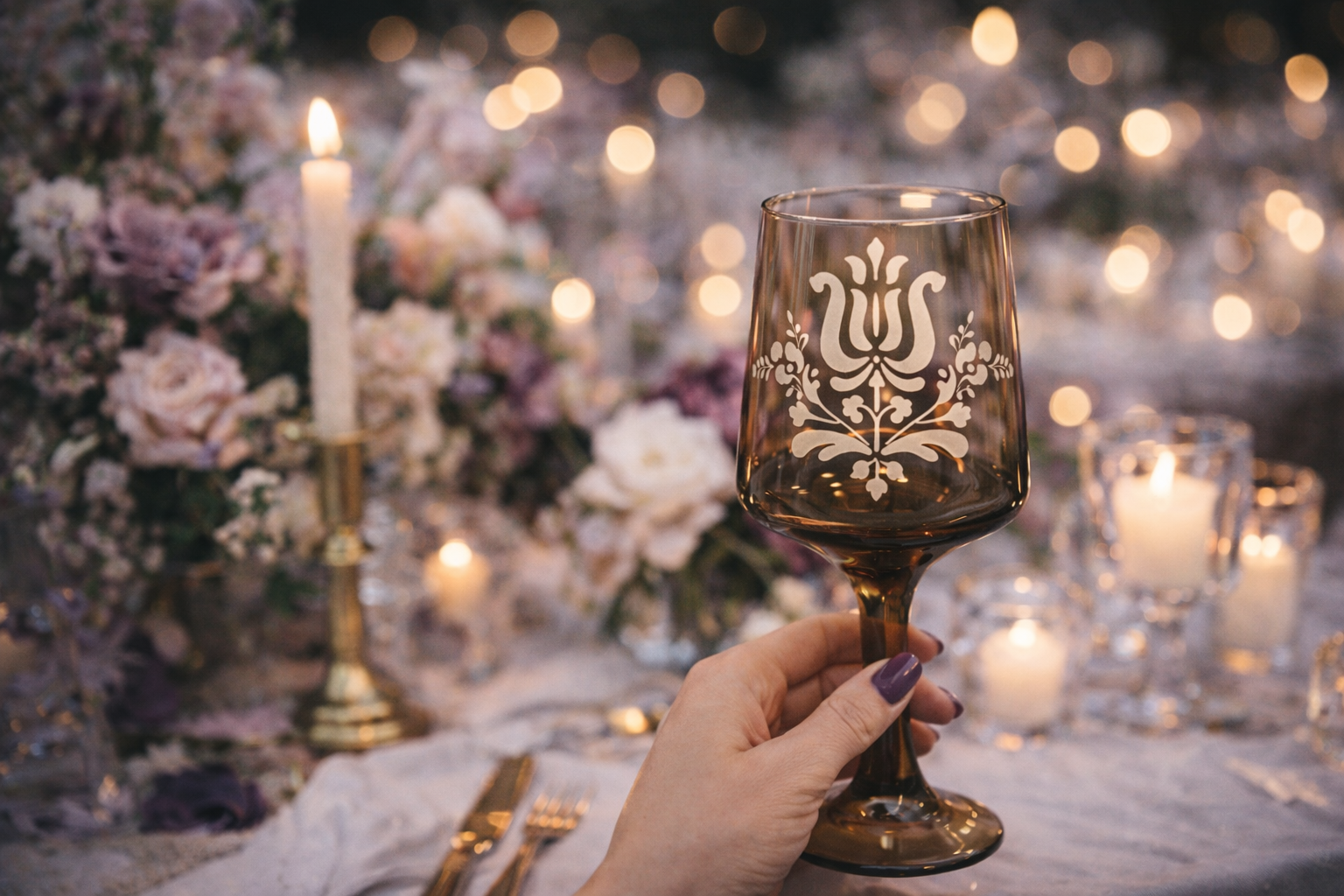 A hand holding a glass with intricate white floral designs, in front of a beautifully decorated table with flowers, candles, and golden accents for a formal event or celebration.