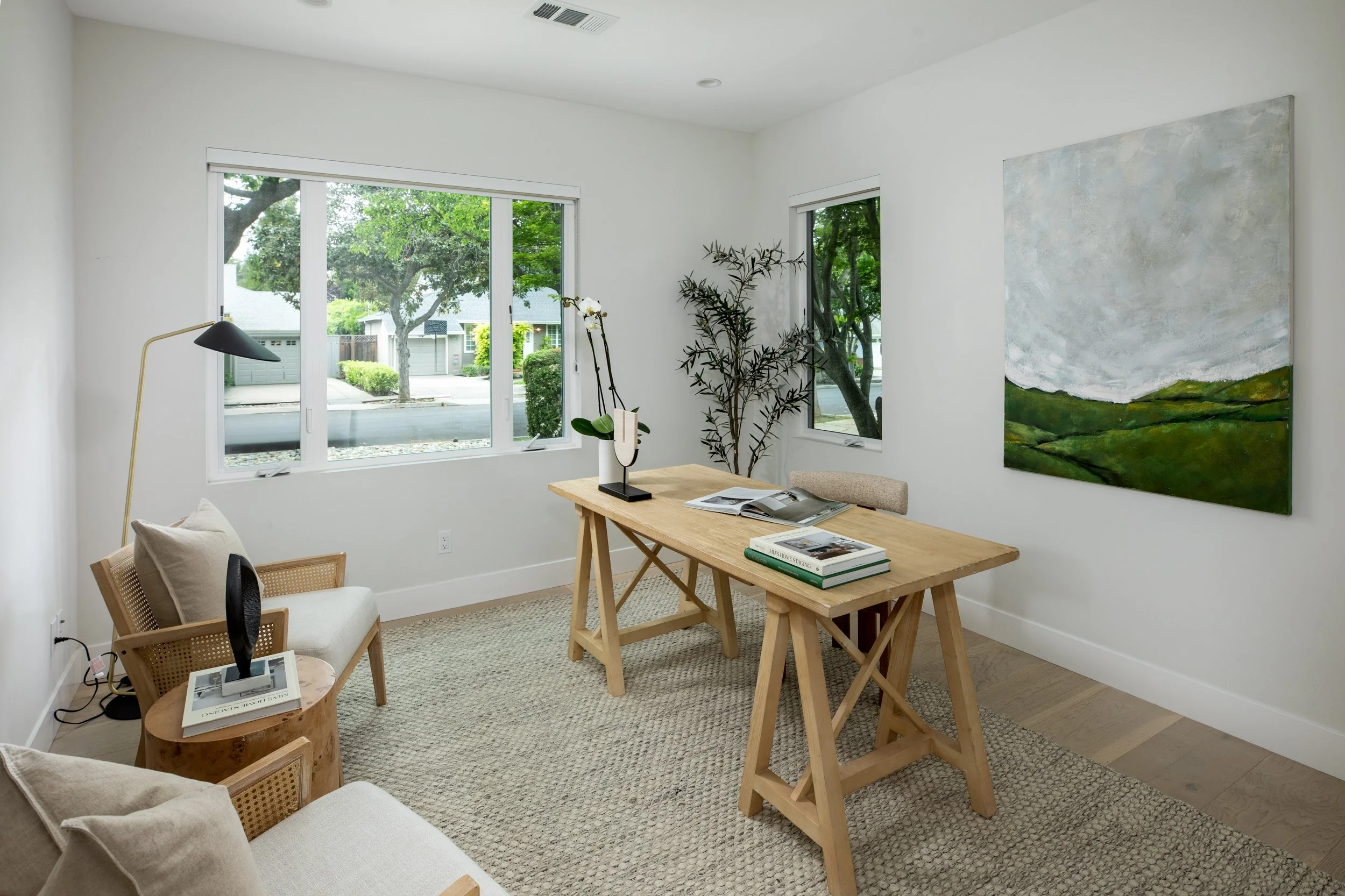 Modern home office with white walls, large windows, wooden furniture, a patterned rug, potted plants, and artwork on the wall.