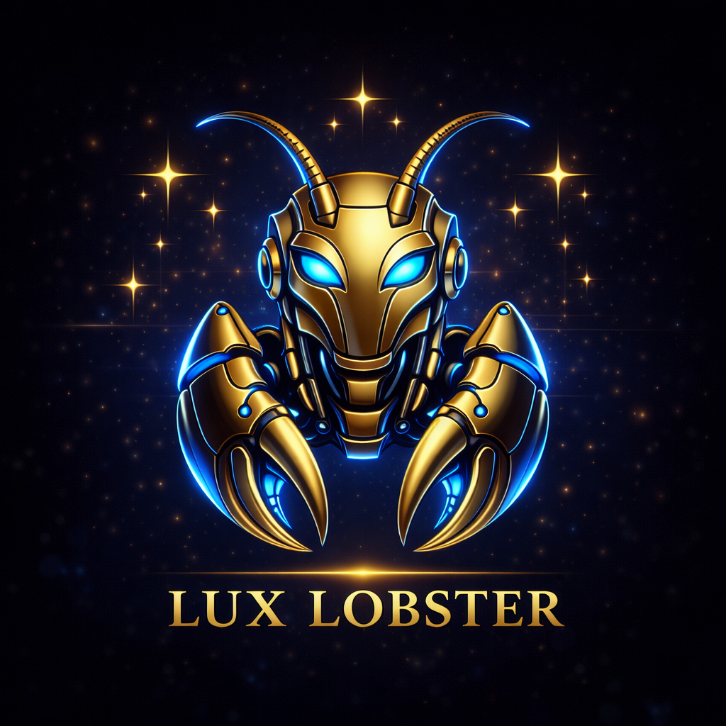 "Lux Lobster LLC logo — a robotic lobster with glowing blue eyes set against a starry background, with the words LUX LOBSTER in gold."
