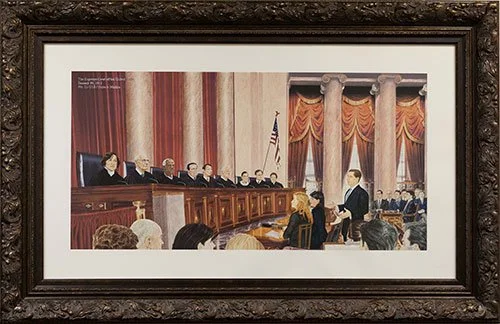 Painting of a courtroom scene with judges, a lawyer, and spectators.
