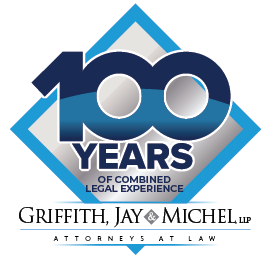 Logo celebrating 100 years of combined legal experience for Griffith, Jay & Michel LLP, with text and geometric design.
