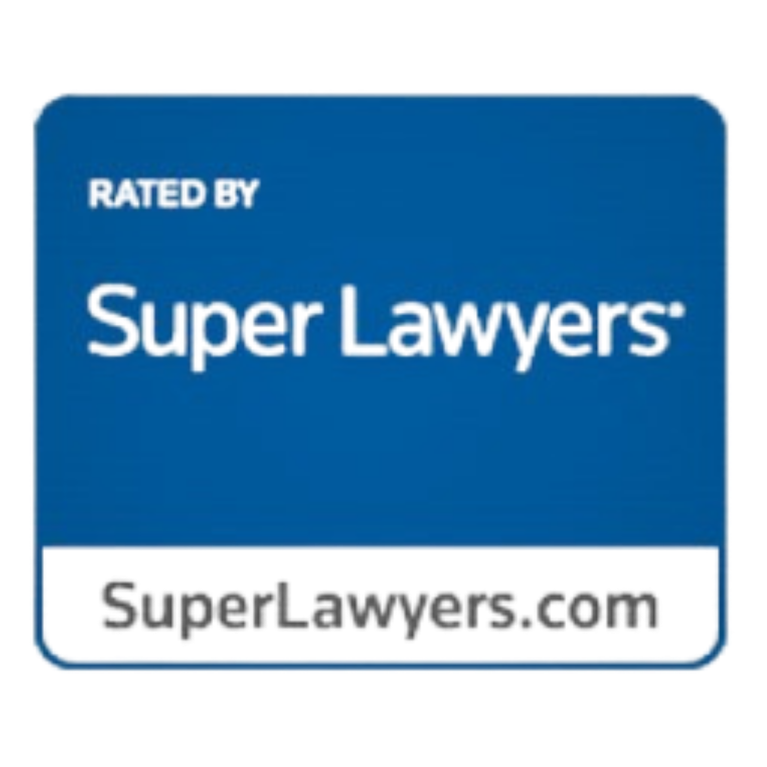 Close-up of a blue sticker with white text that reads "Rated by Super Lawyers" and a website URL SuperLawyers.com