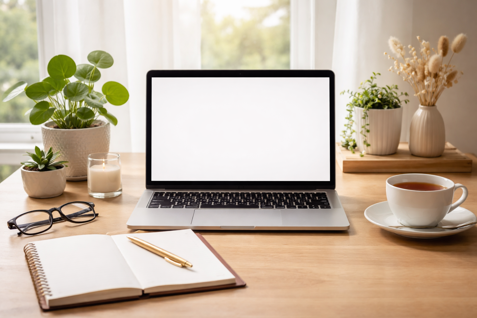 A workspace with a laptop, notebook, glasses, and a pen on a wooden desk, surrounded by potted plants, a candle, a cup of tea, and a window with sunlight.