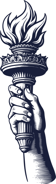 A hand holding a torch with a flame at the top.