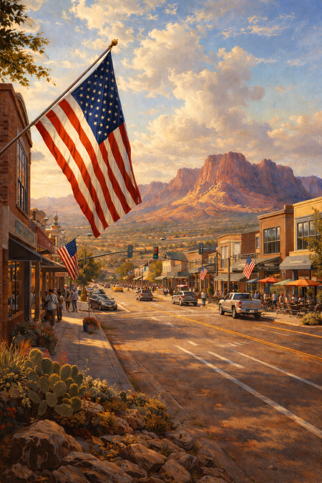 A lively small town street decorated with American flags, with shops and outdoor seating, set against a backdrop of mountains and a partly cloudy sky.
