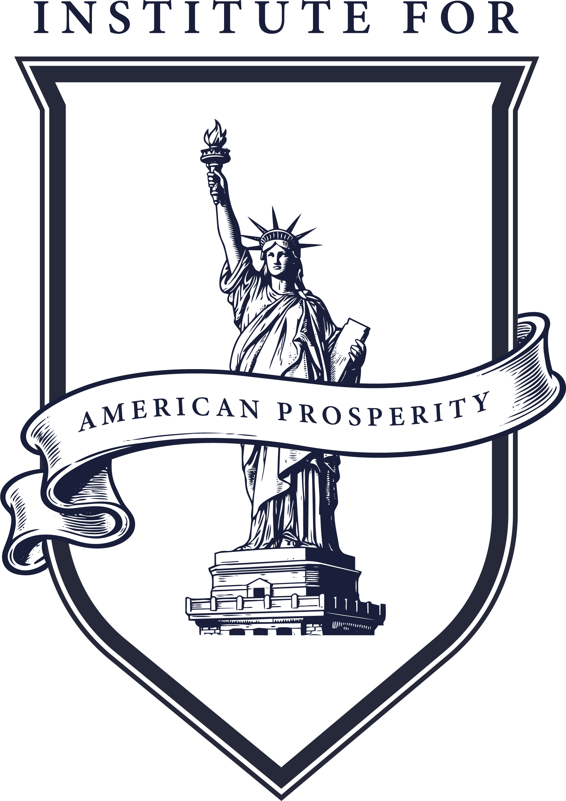 Dark emblem featuring the Statue of Liberty holding a torch and a tablet, with a ribbon banner across the middle reading 'American Prosperity', in a shield shape.