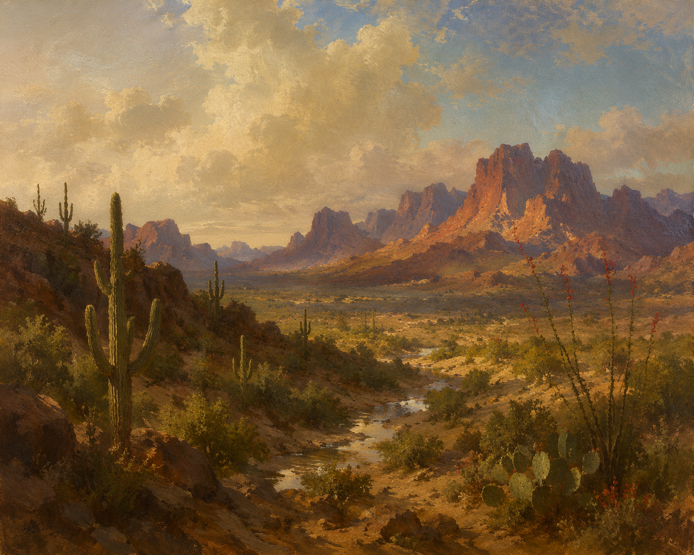 A desert landscape painting showing rugged mountains with orange tones in the background, tall cacti in the foreground, and a dry, rocky riverbed with sparse vegetation under a partly cloudy sky.