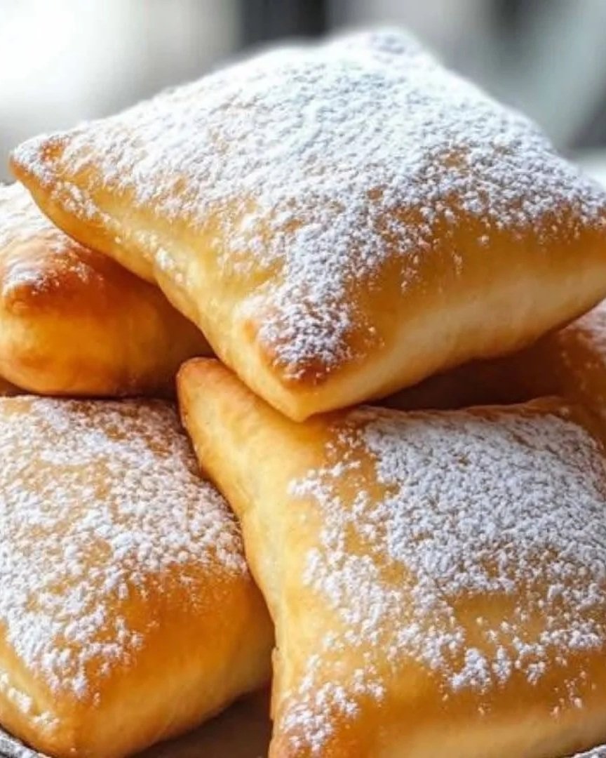 Four golden-brown fried pastries topped with powdered sugar.