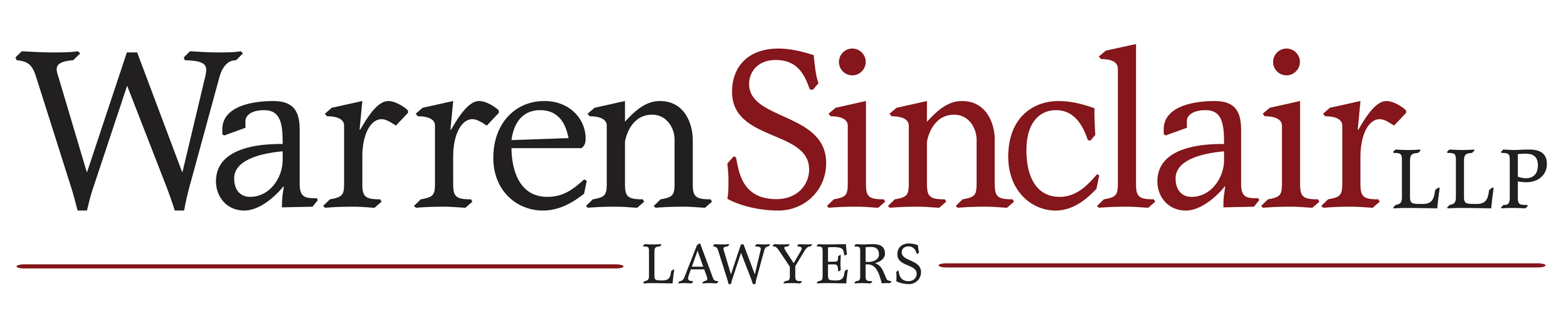 Logo for Warren Sinclair LLP Lawyers with the name in large black and maroon font and a red line beneath the word Lawyers.