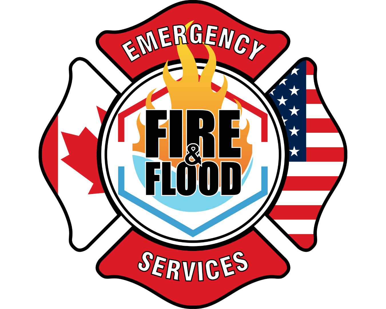 Emblems of fire rescue services with national flags of Canada and the United States, the words 'Emergency' and 'Services', and a central fire icon with flames, the text 'Fire & Flood'.