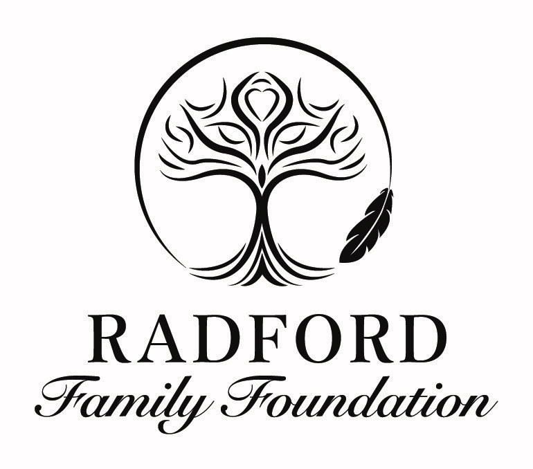 Logo for Radford Family Foundation featuring a stylized tree with heart-shaped leaves and a feather on the right side.