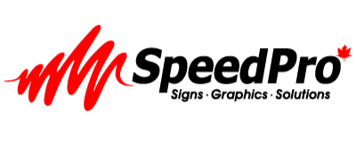 SpeedPro Signs, Graphics, and Solutions logo with red and black text and a red graphic element resembling a stylized wave or lines.