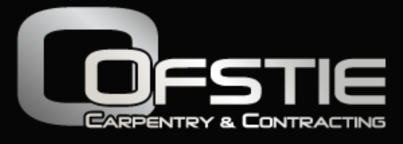 Logo for OFSTIE Carpentry & Contracting. Features a stylized overlapping square design and bold text in gray and white on a black background.