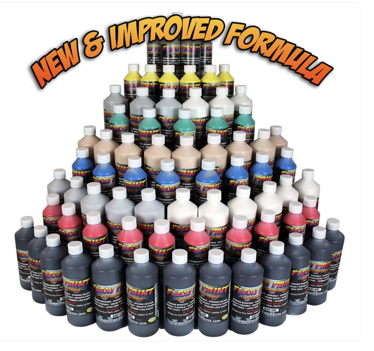 Pyramid of various bottles of Flexi paint in different colors, with a banner above reading 'New & Improved Formula'.