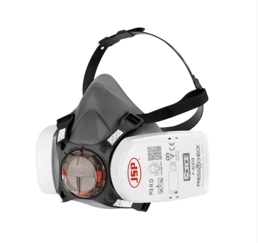 A protective half-face respirator mask with a white filter cartridge labeled 'JSR' and 'FORCE,' black straps, and a gray facepiece design.