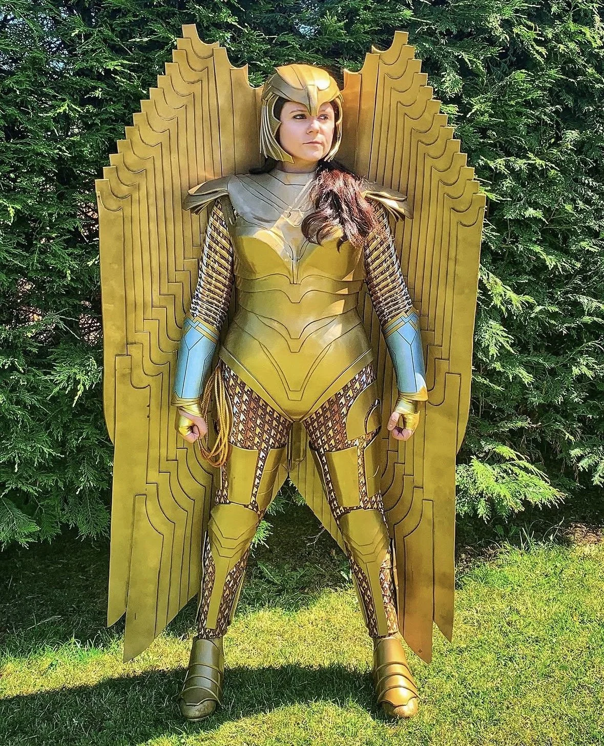 Person dressed as a warrior or superhero in a gold and blue costume with a large gold shield-like backdrop, standing outdoors in front of green bushes.