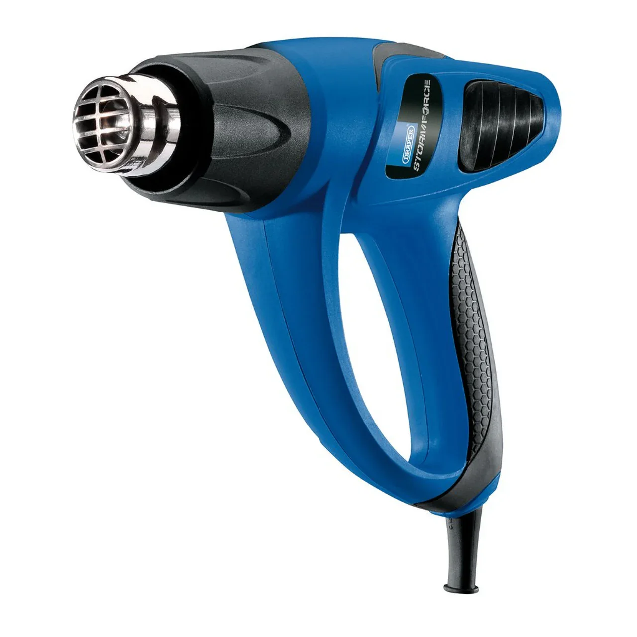 Blue and black heat gun with a digital display and textured grip.