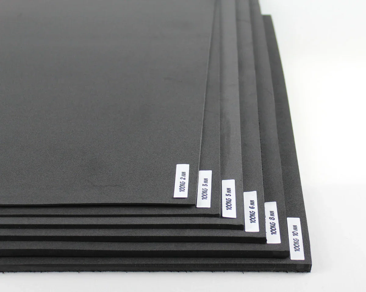 Set of black foam sheets with different thicknesses labeled with weight capacities from 10kg to 100kg.