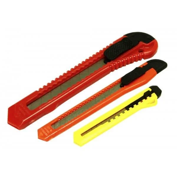Three utility blades in red, orange, and yellow with retractable sharp blades and black safety grips.