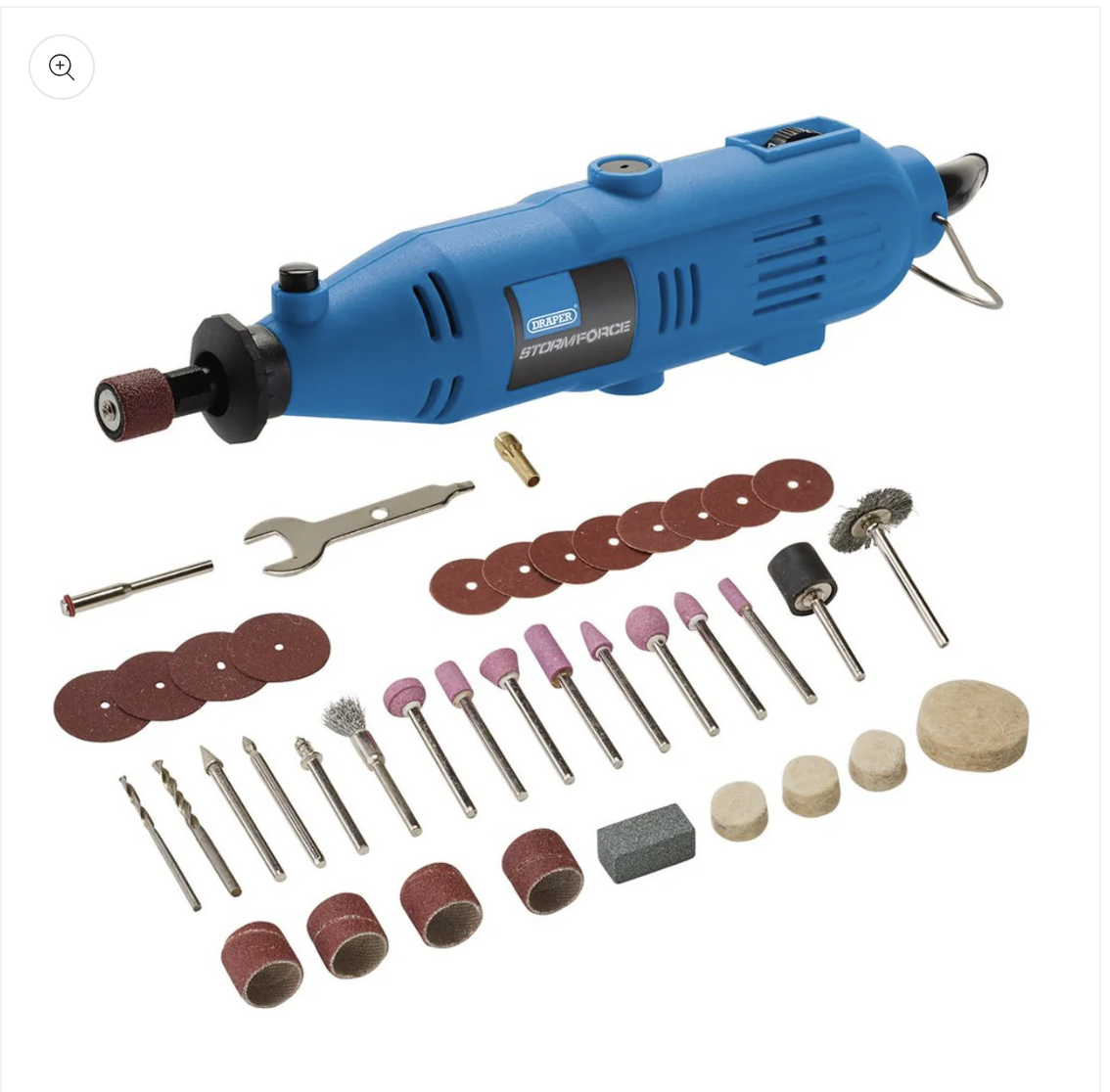 A blue electric rotary tool with various attachments including sanding discs, grinding stones, polishing tips, and burrs, displayed on a white background.