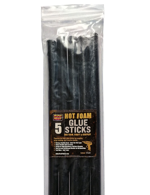 A pack of hot foam glue sticks in black, labeled for foam, craft, and cosplay use.