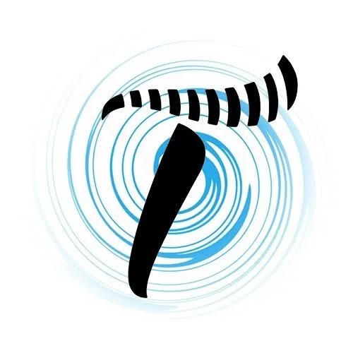 Abstract graphic with black lines and a curved shape over a swirling blue and white background.