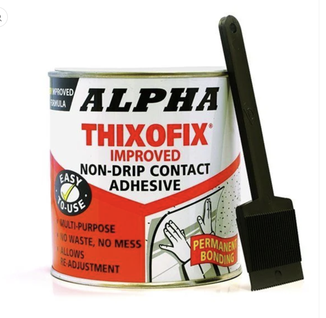 A can of Alpha ThixoFix Improved non-drip contact adhesive with an application brush attached.