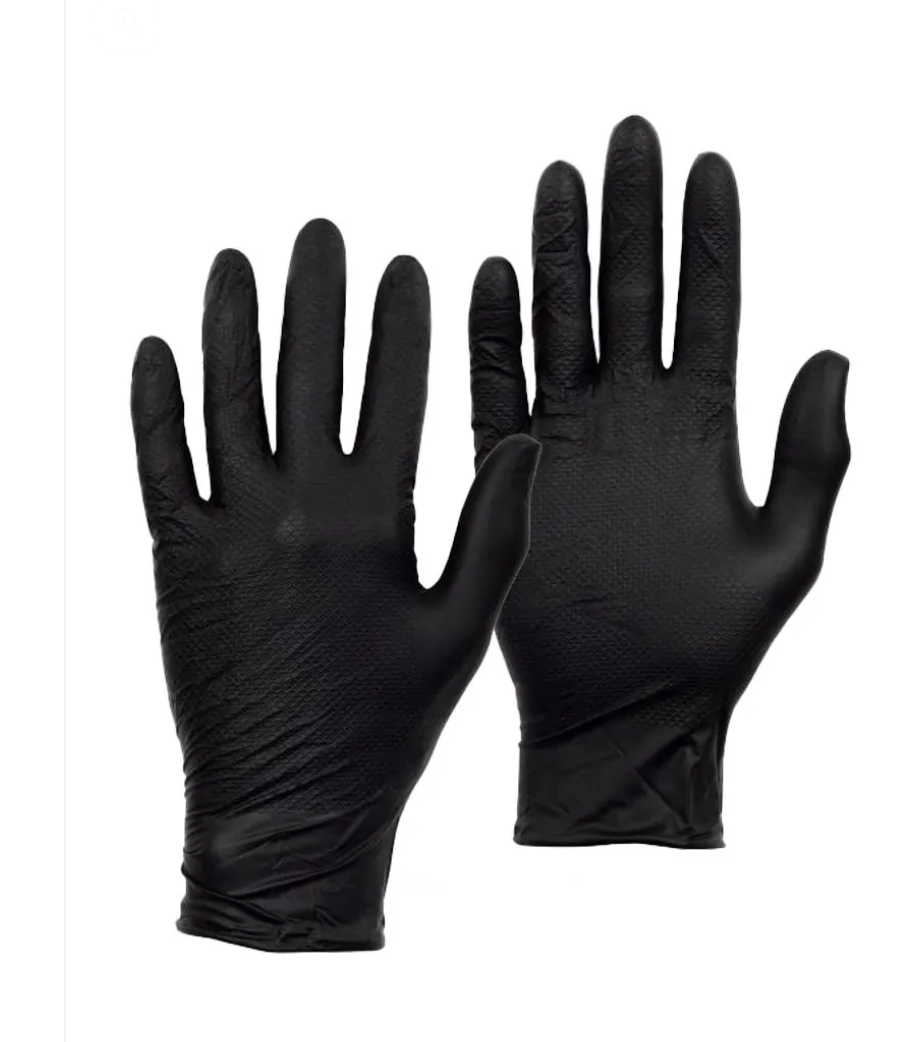 A pair of black nitrile disposable gloves displayed against a white background.