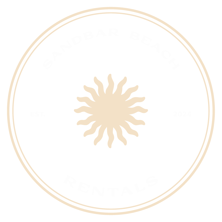 A circular logo for Sandbar Beach Rentals with a black background, white text, and a beige sun design in the center. The text includes 'Sandbar Beach Rentals,' 'EST. 2024,' and the words are arranged along the circle.