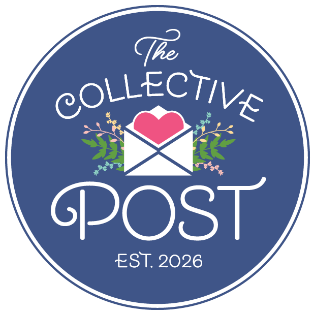 A round logo with a dark blue background, featuring an open envelope with a pink heart inside, surrounded by green and pink floral accents. Text reads "The Collective Post," with "Est. 2026" at the bottom.