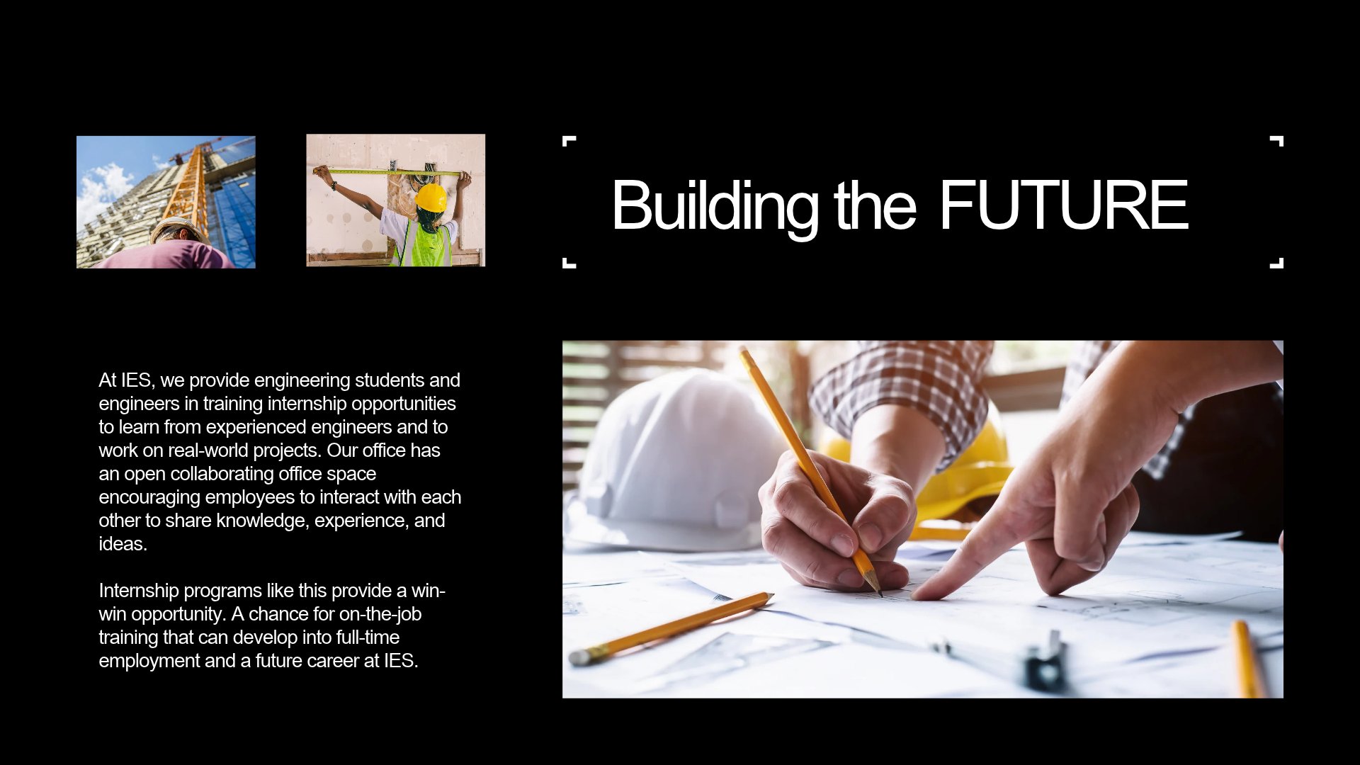 A promotional flyer for engineering internships at IES. It features images of construction, engineering, and architecture activities, with text emphasizing training internship opportunities for students.