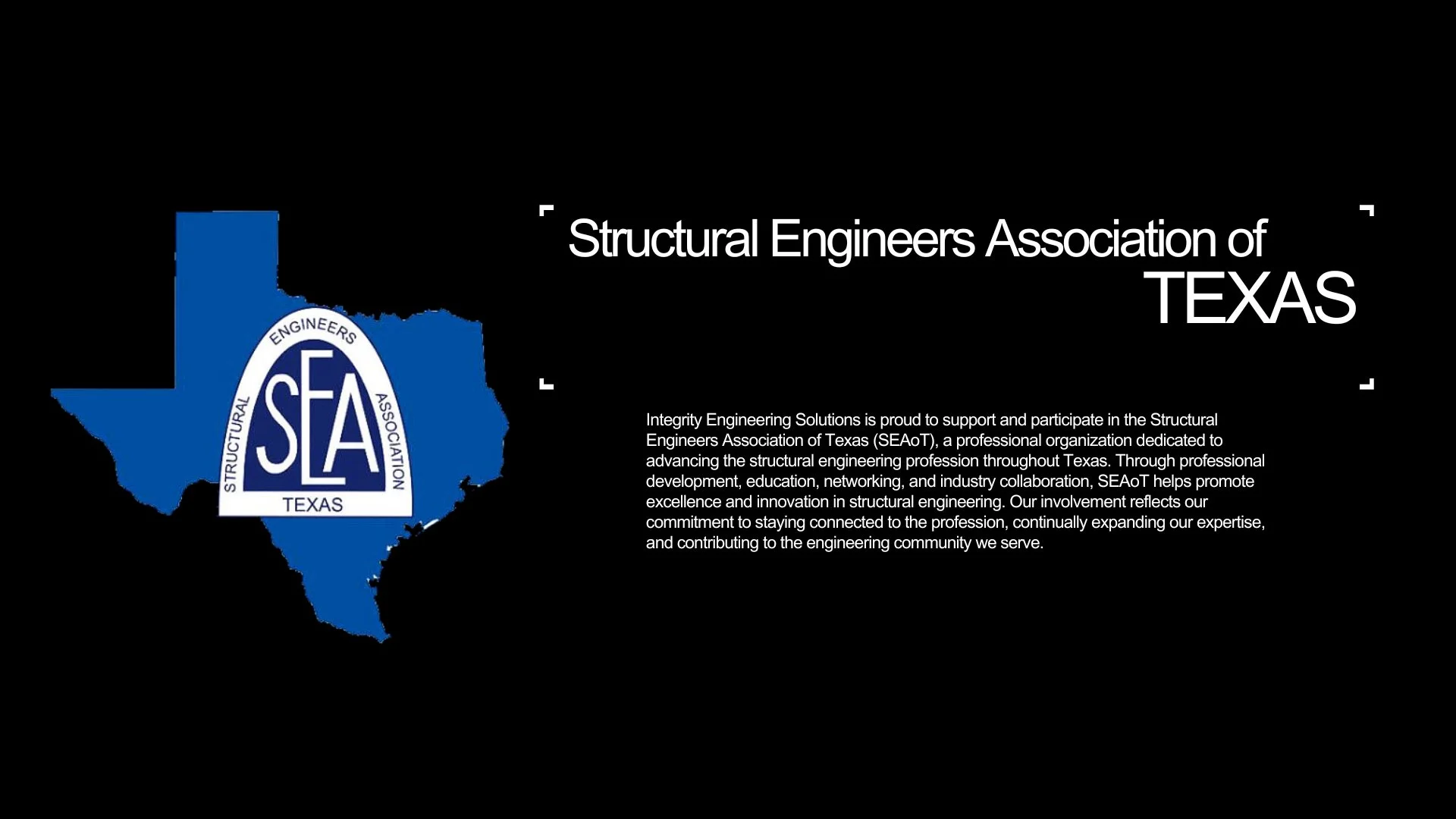 Logo of the Structural Engineers Association of Texas over a blue outline of the state of Texas with a black background and white text describing the organization.