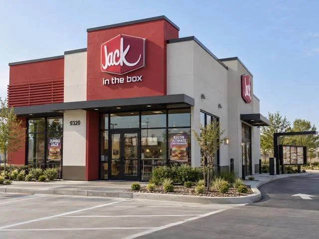 Jack in the Box fast-food restaurant with a red and white exterior, large glass windows, and a drive-thru lane.