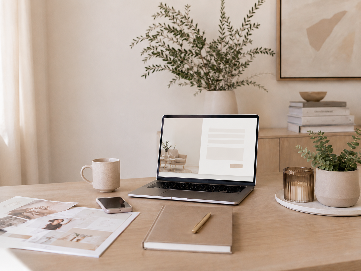 A workspace with a laptop, a smartphone, a coffee mug, magazines, a notepad with a pen, and plants on a wooden desk, with a large plant and artwork in the background.