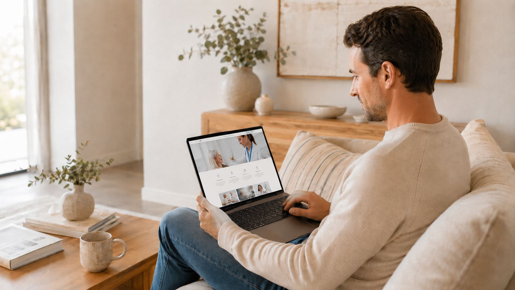 A man sitting on a beige couch using a laptop with a medical website displayed, in a living room with a vase of greenery and a coffee mug on a wooden table.