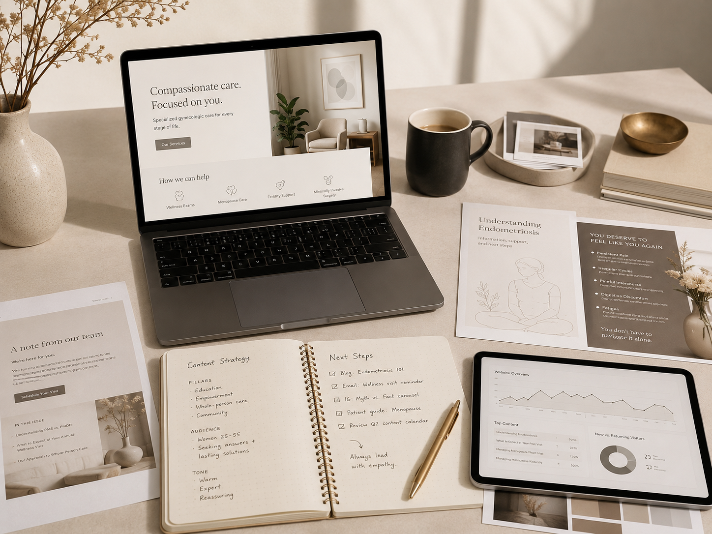 A desk workspace with a laptop, a tablet, printed documents, and a notebook. The laptop screen displays a healthcare website, and the tablet shows a website overview with charts. There is a cup of coffee, a small vase with flowers, and some reading materials on the desk.