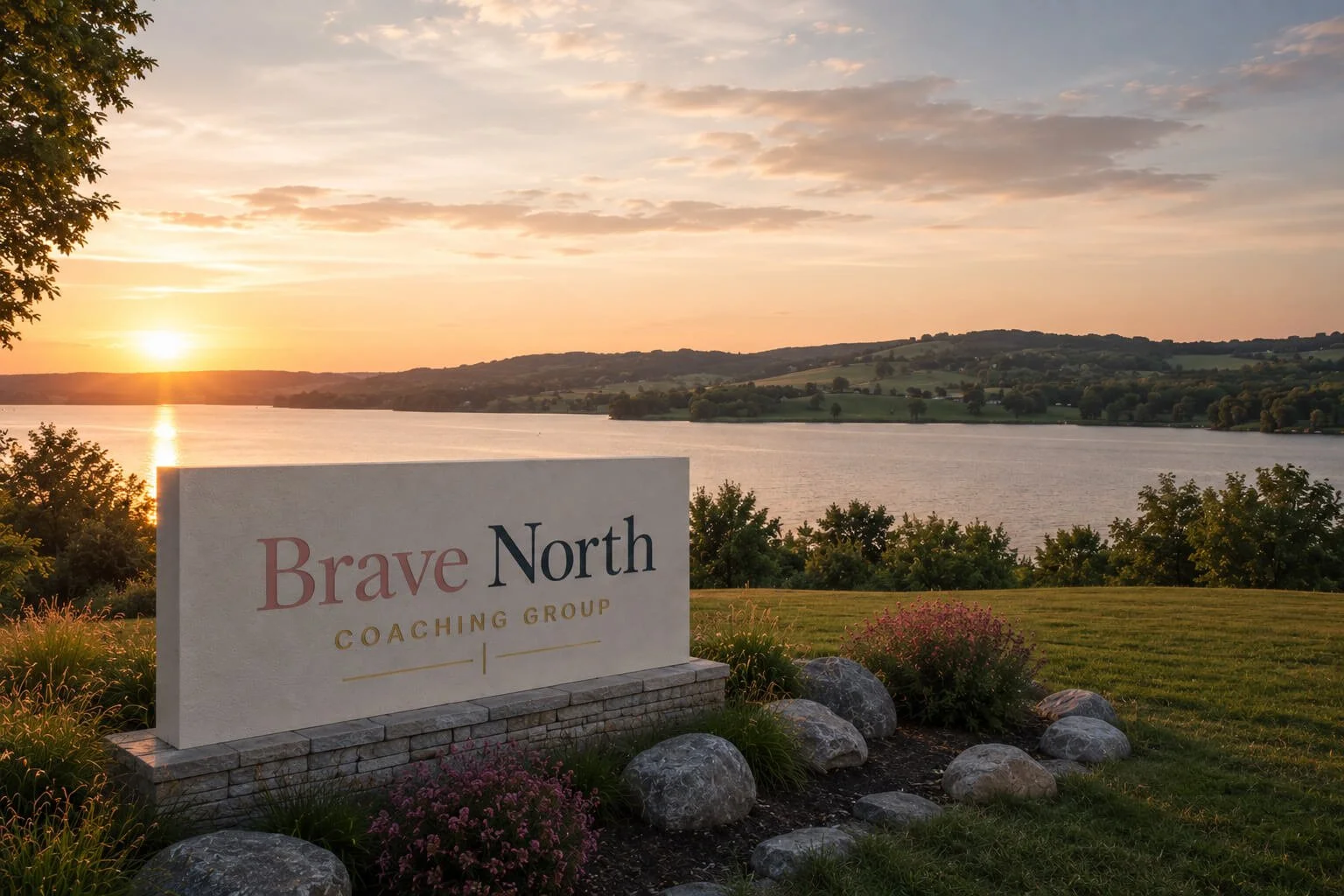 Sunset over a river with a sign for 'Brave North Coaching Group' in the foreground, surrounded by rocks and flowers, with hills and trees in the distance.