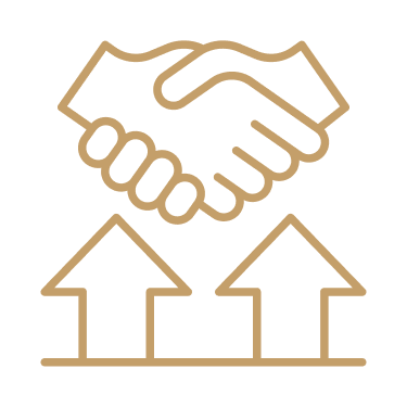 Two hands clasped in a handshake above two upward arrows.