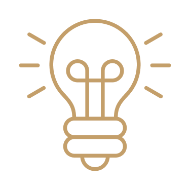 Outline drawing of a light bulb with rays of light emanating from it.