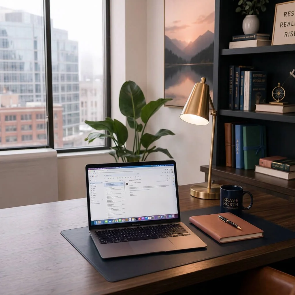 A modern workspace with a wooden desk, open laptop, pink notebook, gold pen, black coffee mug reading 'BRAVE NORTH,' gold desk lamp, large window with city view, green plant, and bookshelf with books and decorative items, overlooking mountains at sunset.