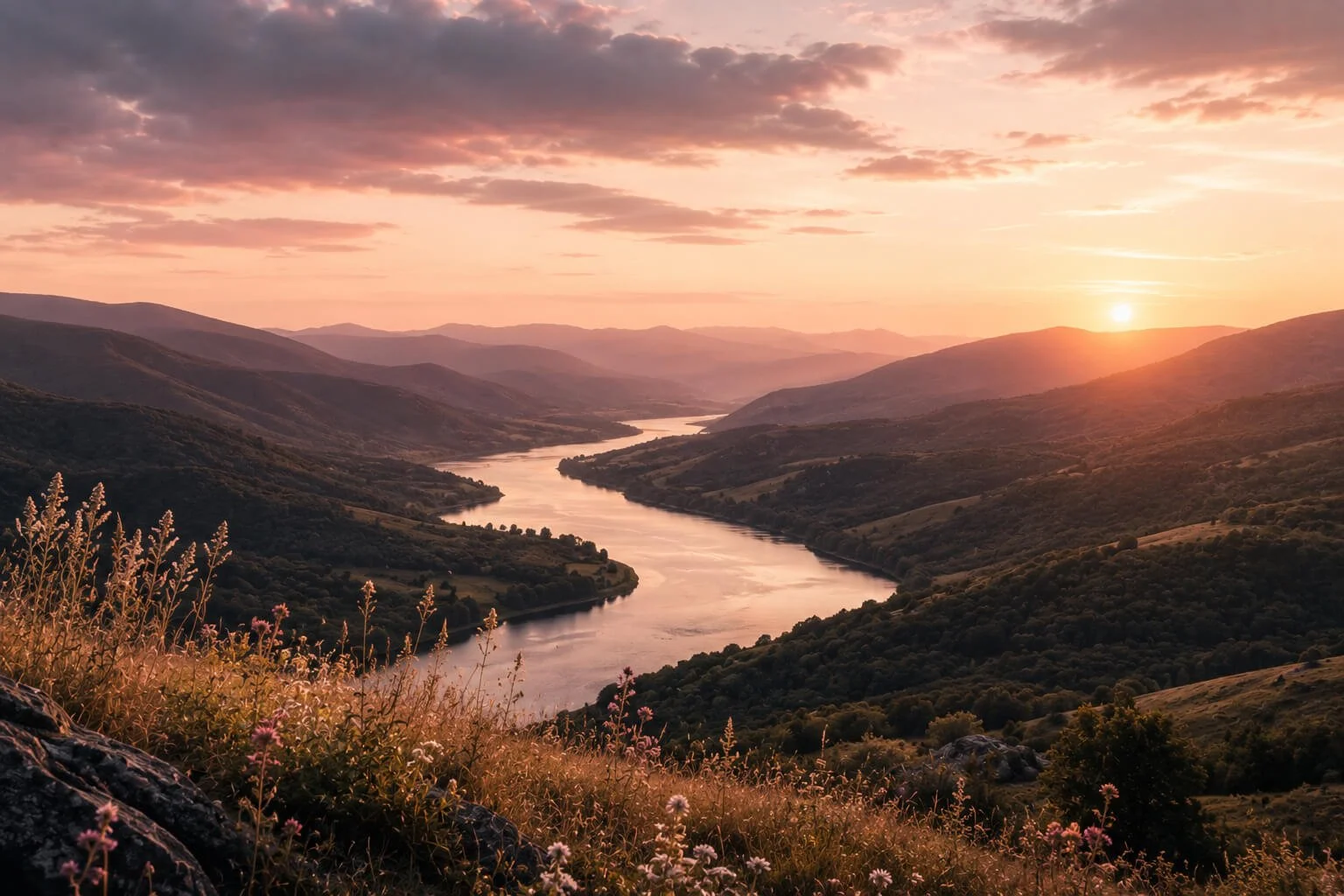 Sunset over a river winding through rolling hills and mountains with pink and orange sky and wildflowers on a hillside foreground.