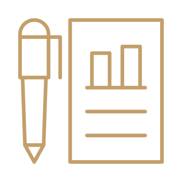 Icon of a pen, a document with bar graphs, and lines of text, representing writing or data analysis.